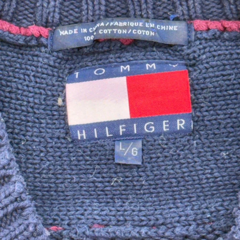 Tommy Hilfiger Sweater Mens L Blue Argyle V-Neck Cotton Knit Pullover Preppy Y2K